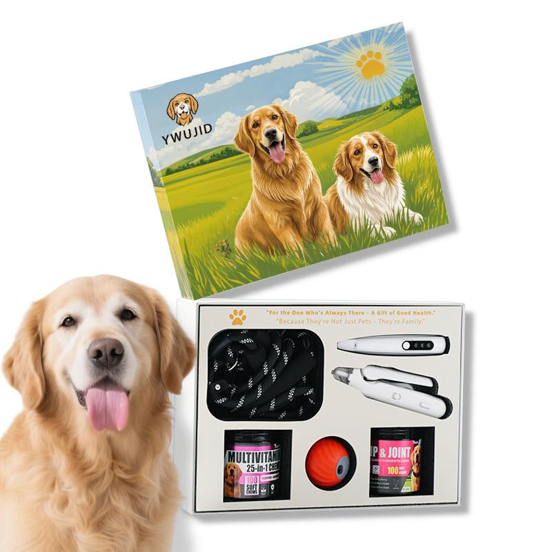 The Best Gift for Your Dog — a 6-In-1 Dog Gift Set That Includes Two Bottles of 100-Count Pet Nutritional Supplements, One Hair Trimmer, One Multifunctional Pet Nail Clipper, One Pet Leash, and the Latest Pet Toy — a Gift under $50