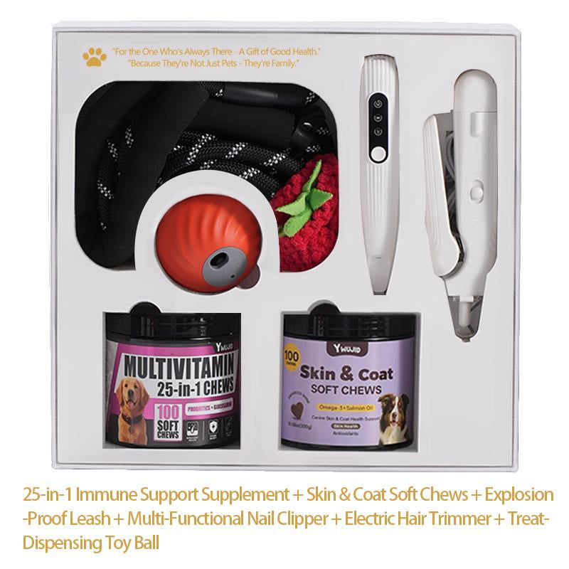 The Best Gift for Your Dog — a 6-In-1 Dog Gift Set That Includes Two Bottles of 100-Count Pet Nutritional Supplements, One Hair Trimmer, One Multifunctional Pet Nail Clipper, One Pet Leash, and the Latest Pet Toy — a Gift under $50