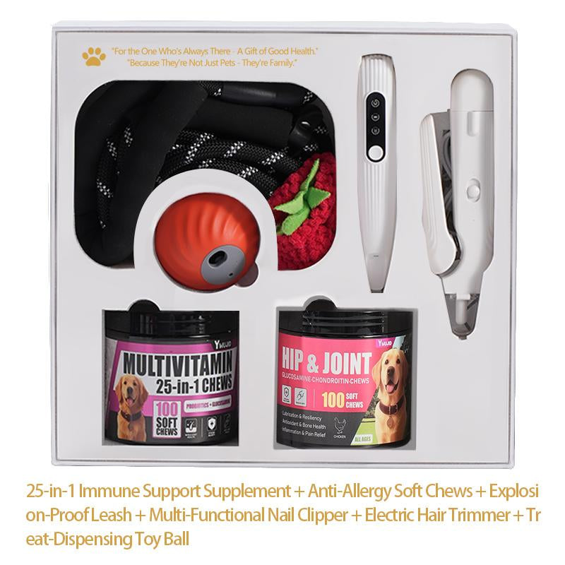 The Best Gift for Your Dog — a 6-In-1 Dog Gift Set That Includes Two Bottles of 100-Count Pet Nutritional Supplements, One Hair Trimmer, One Multifunctional Pet Nail Clipper, One Pet Leash, and the Latest Pet Toy — a Gift under $50