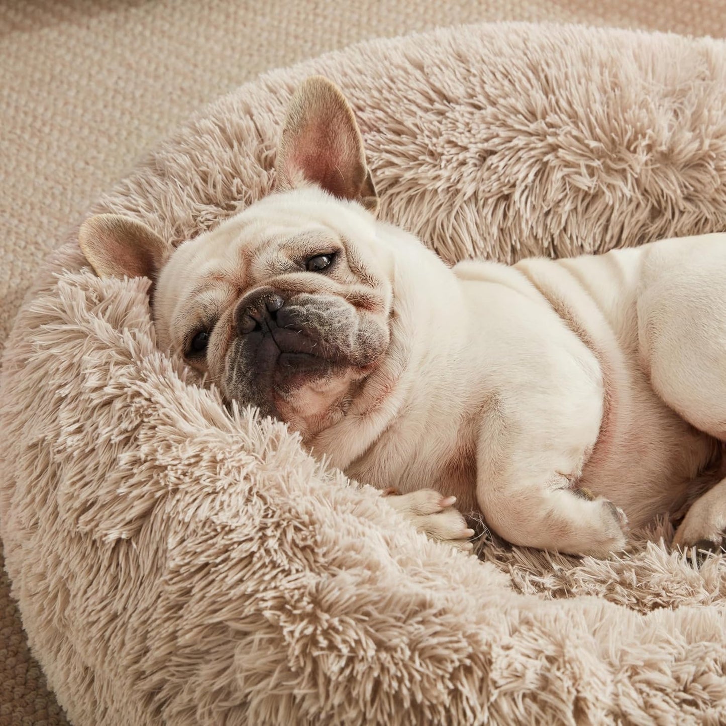 Cozy Calming Cat Bed - Plush Donut Design for Small to Medium Pets, Anti-Anxiety, Washable Faux Fur, Taupe 24"