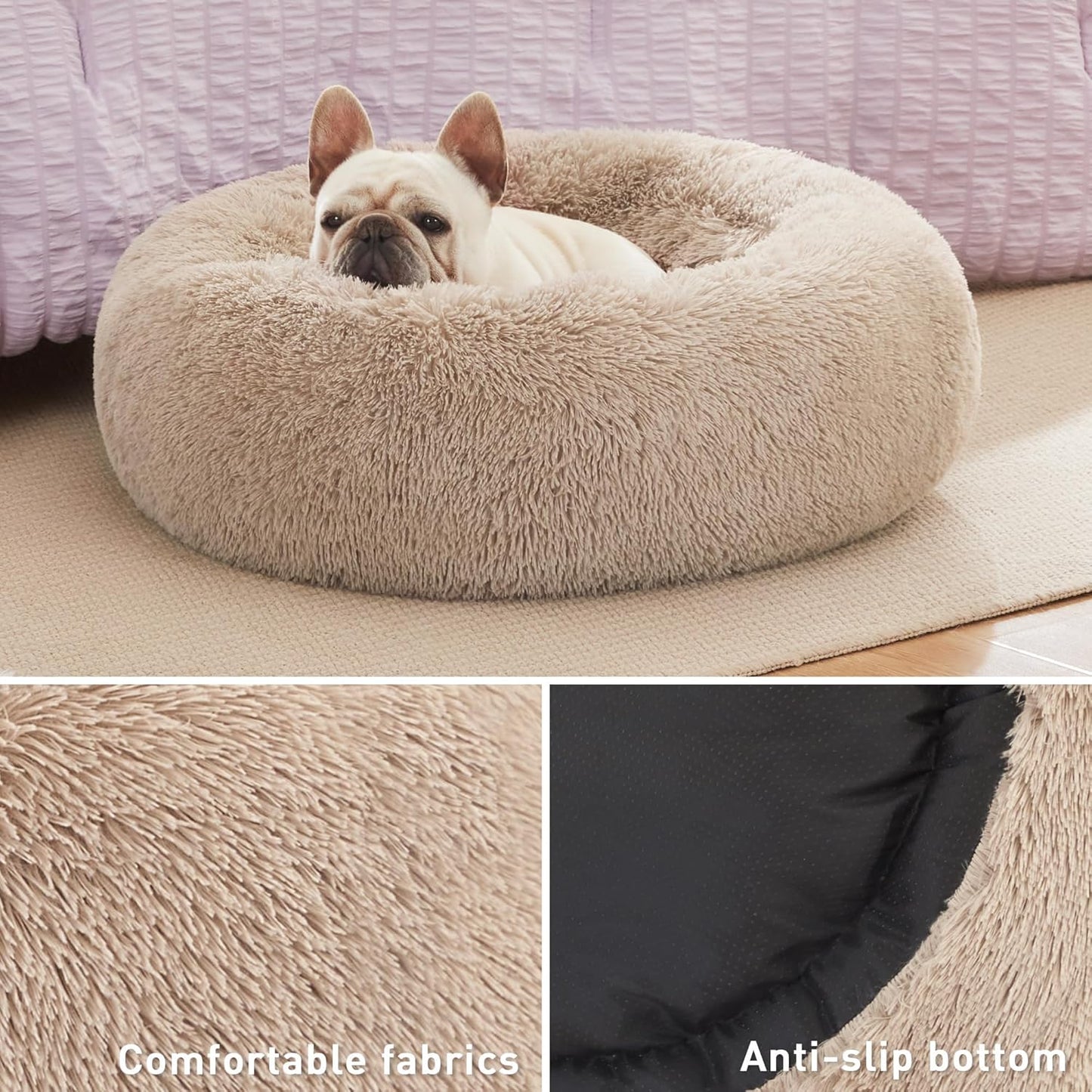 Cozy Calming Cat Bed - Plush Donut Design for Small to Medium Pets, Anti-Anxiety, Washable Faux Fur, Taupe 24"