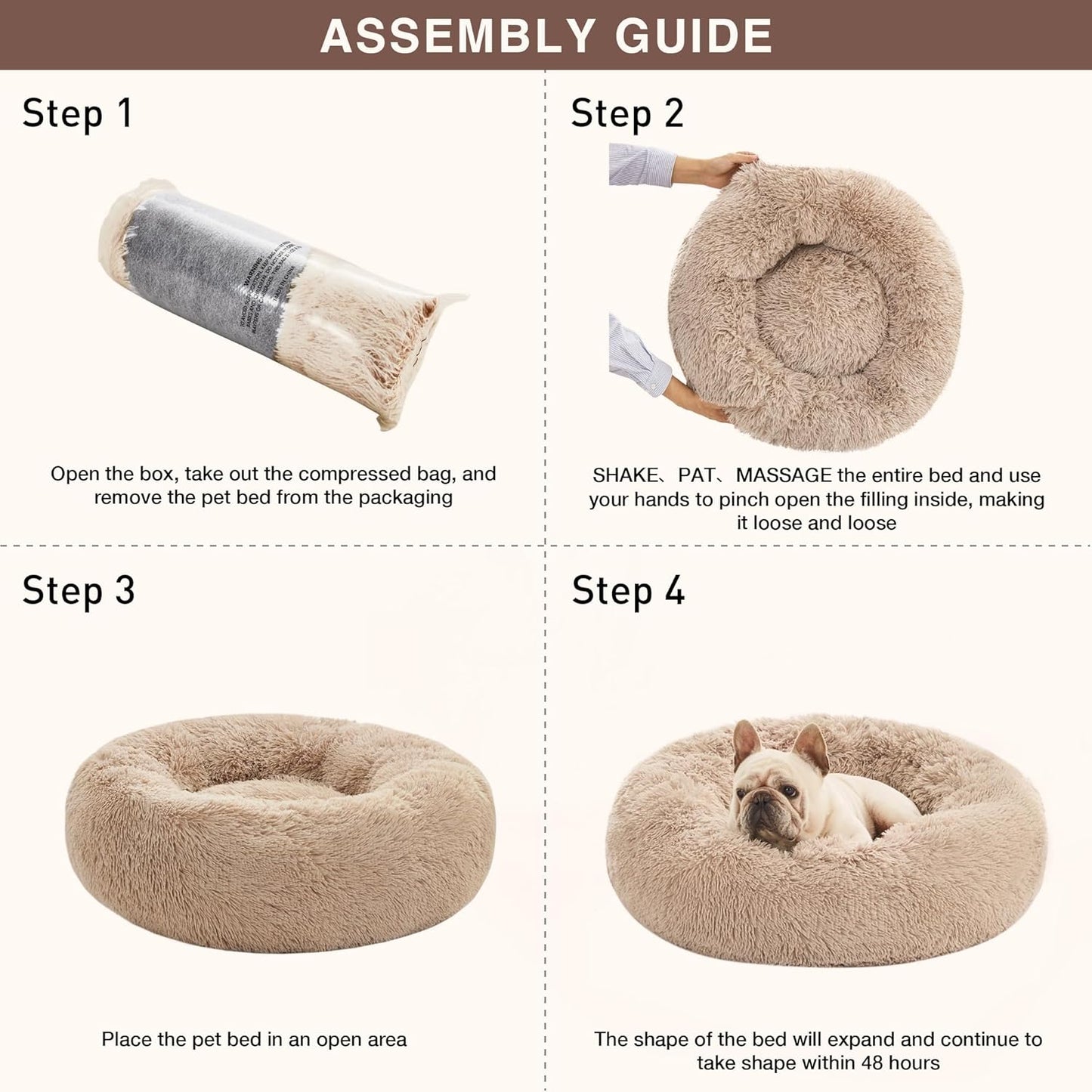 Cozy Calming Cat Bed - Plush Donut Design for Small to Medium Pets, Anti-Anxiety, Washable Faux Fur, Taupe 24"