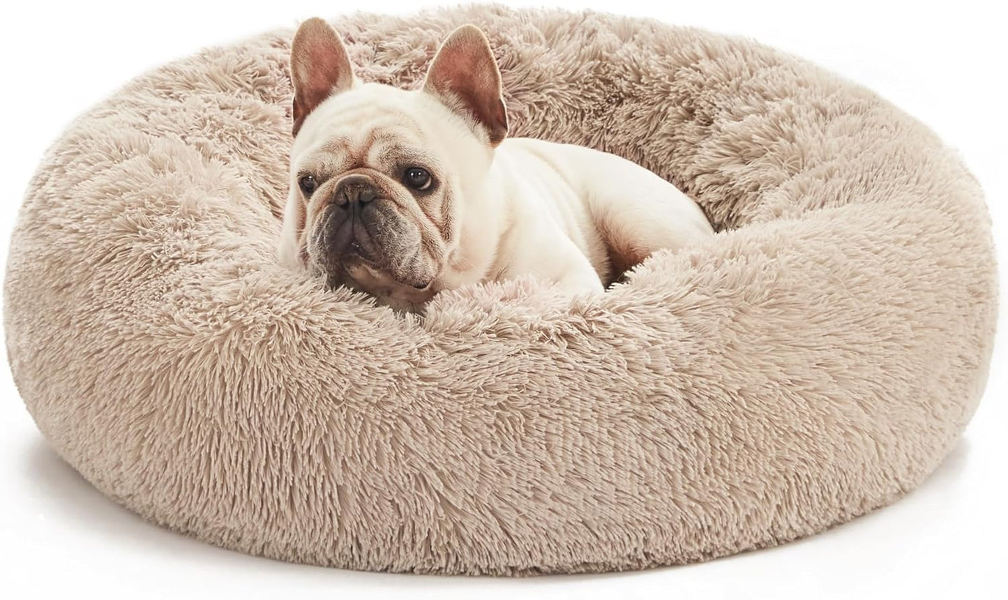 Cozy Calming Cat Bed - Plush Donut Design for Small to Medium Pets, Anti-Anxiety, Washable Faux Fur, Taupe 24"