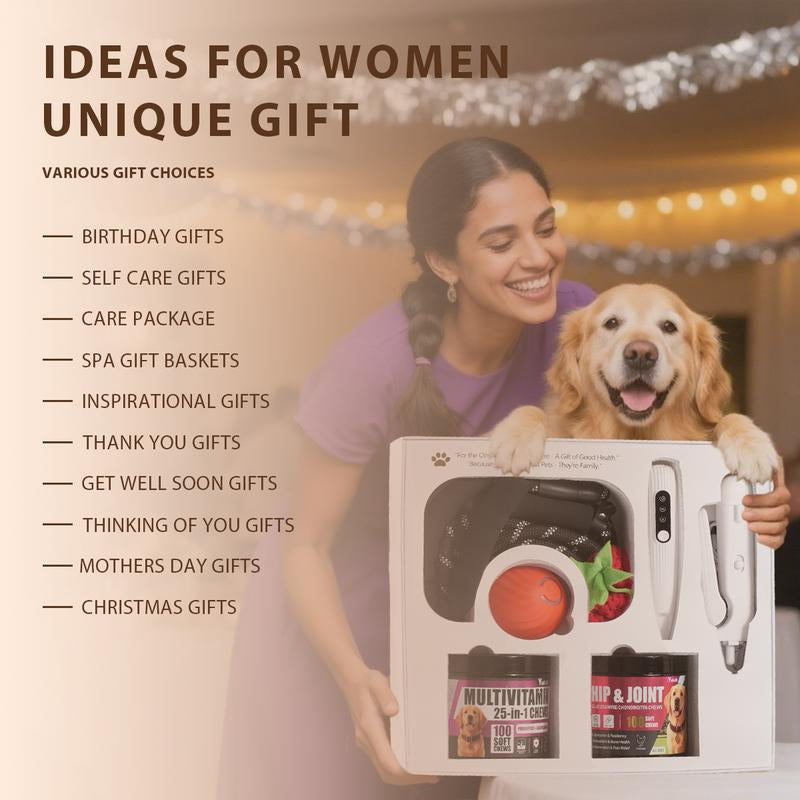 The Best Gift for Your Dog — a 6-In-1 Dog Gift Set That Includes Two Bottles of 100-Count Pet Nutritional Supplements, One Hair Trimmer, One Multifunctional Pet Nail Clipper, One Pet Leash, and the Latest Pet Toy — a Gift under $50
