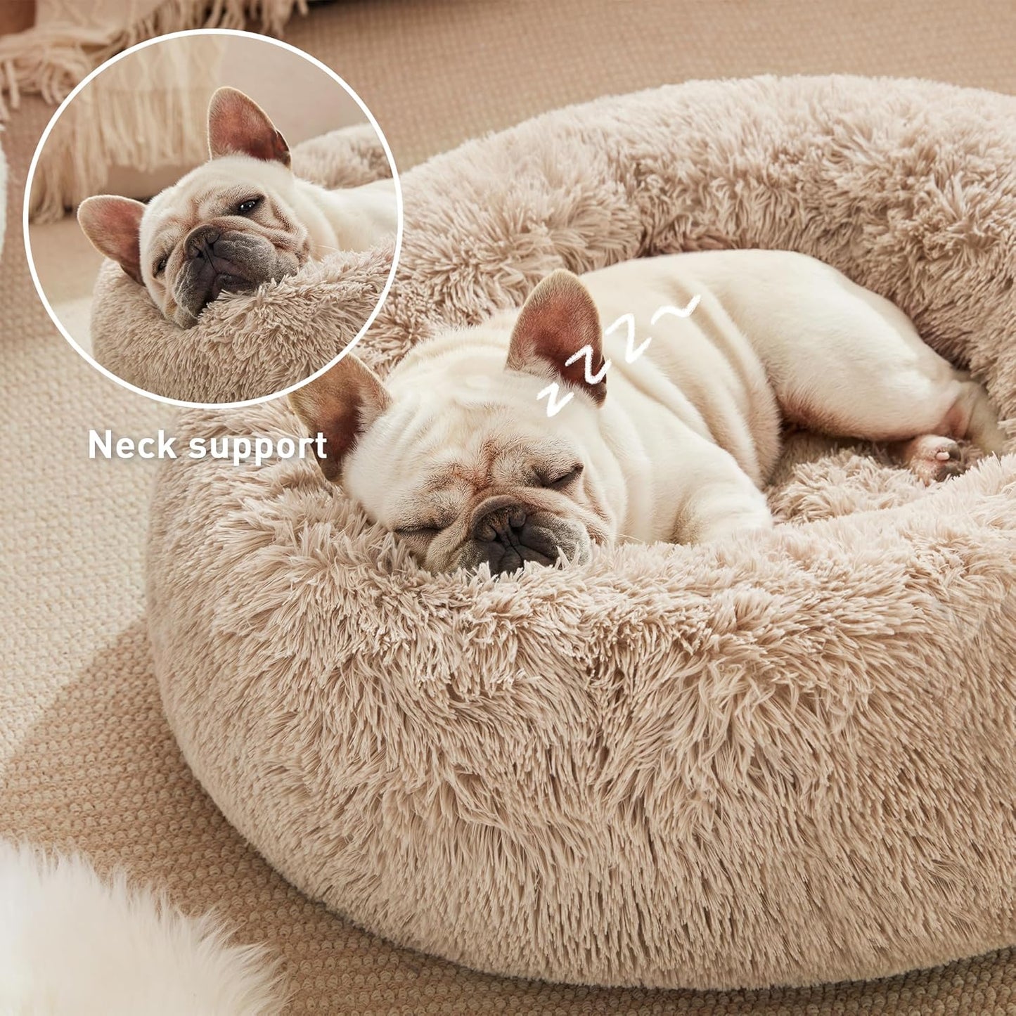 Cozy Calming Cat Bed - Plush Donut Design for Small to Medium Pets, Anti-Anxiety, Washable Faux Fur, Taupe 24"