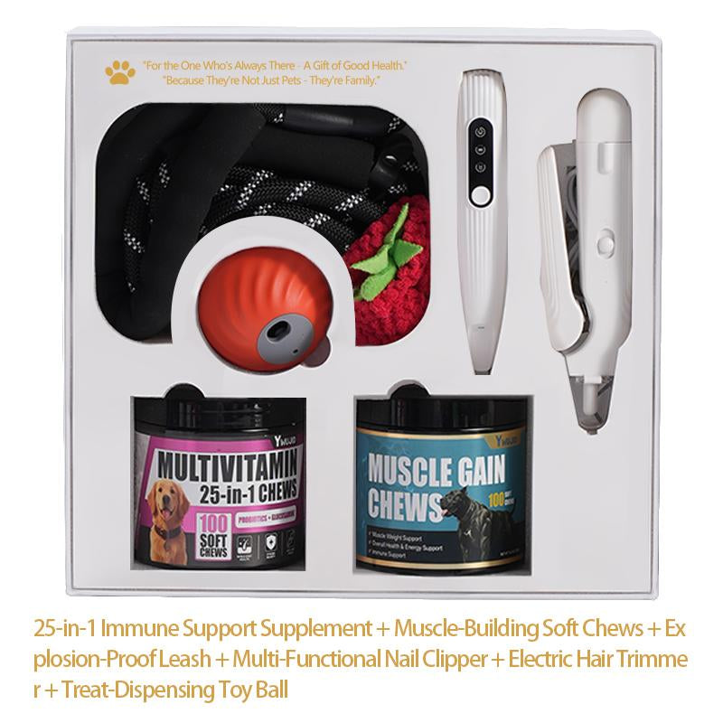 The Best Gift for Your Dog — a 6-In-1 Dog Gift Set That Includes Two Bottles of 100-Count Pet Nutritional Supplements, One Hair Trimmer, One Multifunctional Pet Nail Clipper, One Pet Leash, and the Latest Pet Toy — a Gift under $50