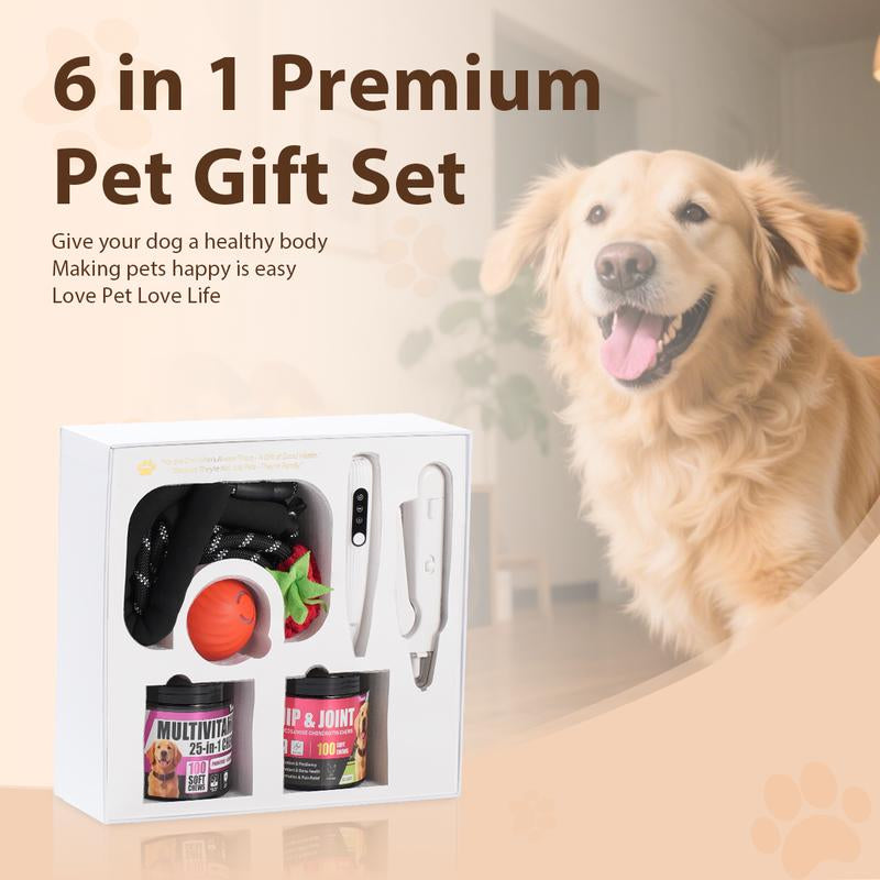 The Best Gift for Your Dog — a 6-In-1 Dog Gift Set That Includes Two Bottles of 100-Count Pet Nutritional Supplements, One Hair Trimmer, One Multifunctional Pet Nail Clipper, One Pet Leash, and the Latest Pet Toy — a Gift under $50