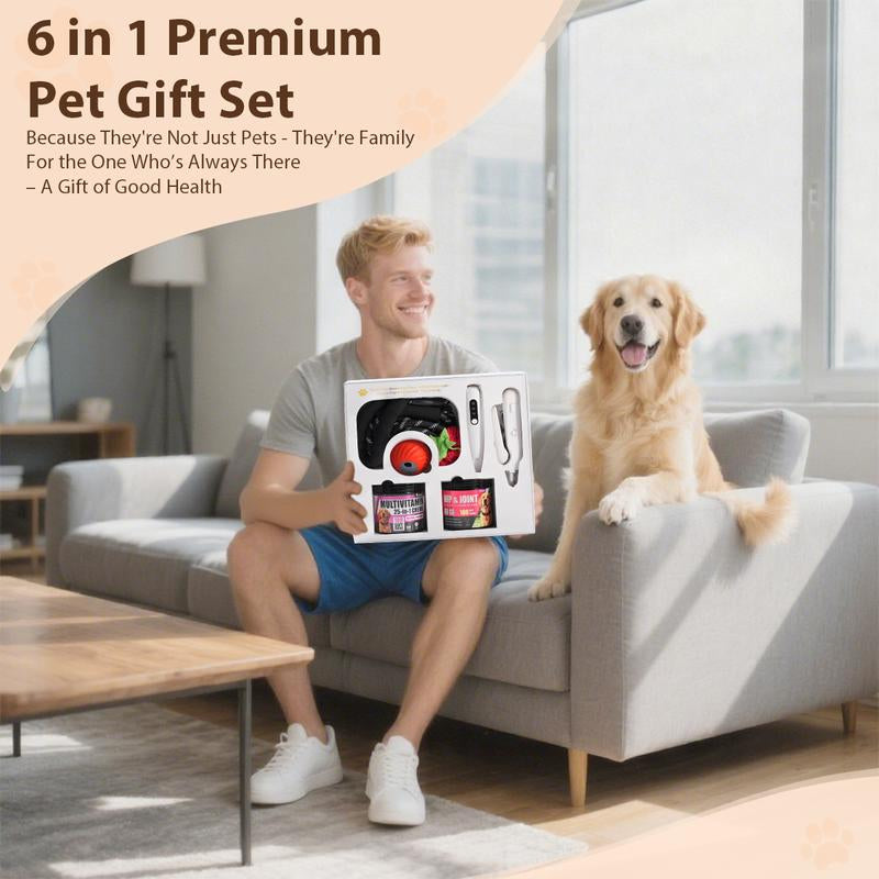 The Best Gift for Your Dog — a 6-In-1 Dog Gift Set That Includes Two Bottles of 100-Count Pet Nutritional Supplements, One Hair Trimmer, One Multifunctional Pet Nail Clipper, One Pet Leash, and the Latest Pet Toy — a Gift under $50