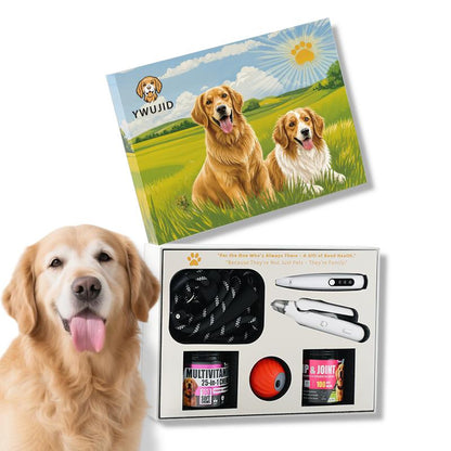 The Best Gift for Your Dog — a 6-In-1 Dog Gift Set That Includes Two Bottles of 100-Count Pet Nutritional Supplements, One Hair Trimmer, One Multifunctional Pet Nail Clipper, One Pet Leash, and the Latest Pet Toy — a Gift under $50