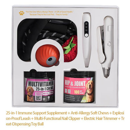 The Best Gift for Your Dog — a 6-In-1 Dog Gift Set That Includes Two Bottles of 100-Count Pet Nutritional Supplements, One Hair Trimmer, One Multifunctional Pet Nail Clipper, One Pet Leash, and the Latest Pet Toy — a Gift under $50