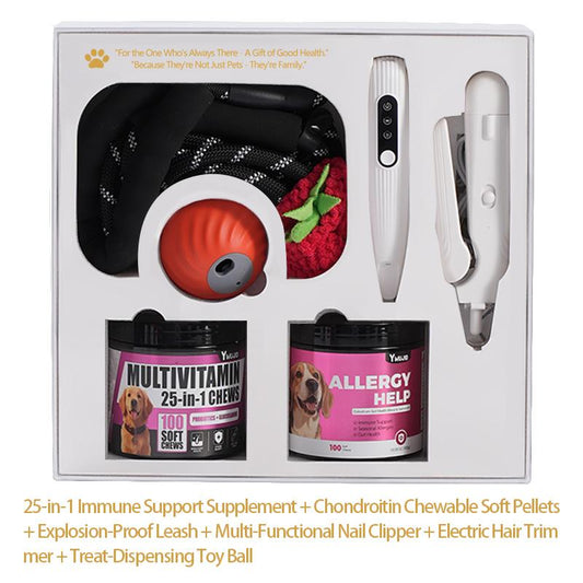 The Best Gift for Your Dog — a 6-In-1 Dog Gift Set That Includes Two Bottles of 100-Count Pet Nutritional Supplements, One Hair Trimmer, One Multifunctional Pet Nail Clipper, One Pet Leash, and the Latest Pet Toy — a Gift under $50