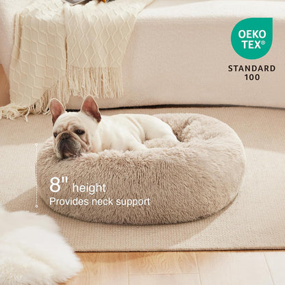 Cozy Calming Cat Bed - Plush Donut Design for Small to Medium Pets, Anti-Anxiety, Washable Faux Fur, Taupe 24"