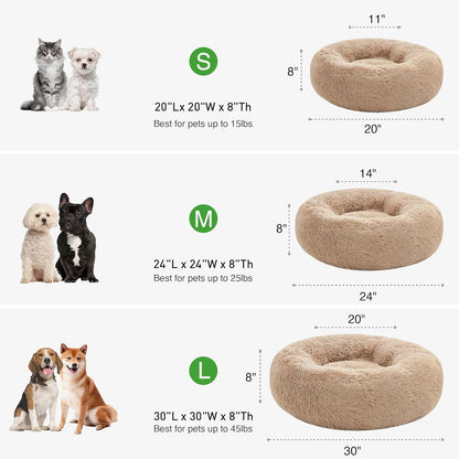 Cozy Calming Cat Bed - Plush Donut Design for Small to Medium Pets, Anti-Anxiety, Washable Faux Fur, Taupe 24"