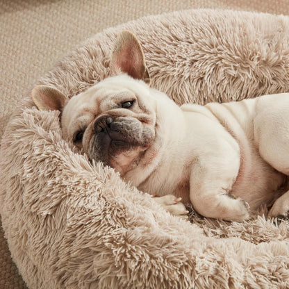 Cozy Calming Cat Bed - Plush Donut Design for Small to Medium Pets, Anti-Anxiety, Washable Faux Fur, Taupe 24"