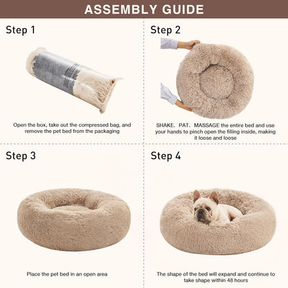Cozy Calming Cat Bed - Plush Donut Design for Small to Medium Pets, Anti-Anxiety, Washable Faux Fur, Taupe 24"