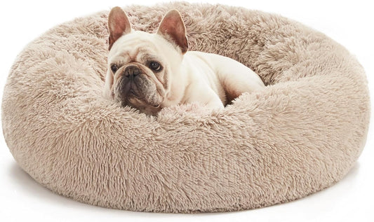 Cozy Calming Cat Bed - Plush Donut Design for Small to Medium Pets, Anti-Anxiety, Washable Faux Fur, Taupe 24"