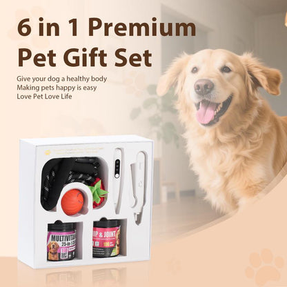 The Best Gift for Your Dog — a 6-In-1 Dog Gift Set That Includes Two Bottles of 100-Count Pet Nutritional Supplements, One Hair Trimmer, One Multifunctional Pet Nail Clipper, One Pet Leash, and the Latest Pet Toy — a Gift under $50